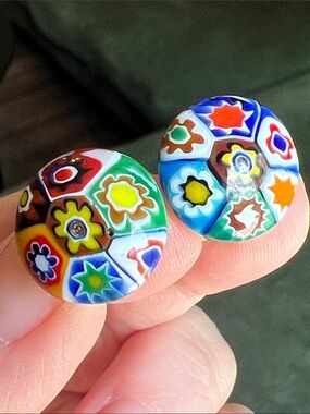 Vintage Colorful Millefiori Venetian Glass Round Clip-on Earrings MCM Jewelry
